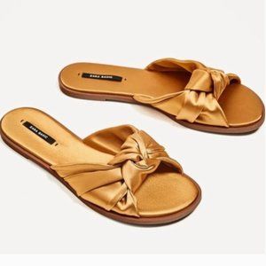 Zara Mustard Gold Knot Satin Slides Sandals 35